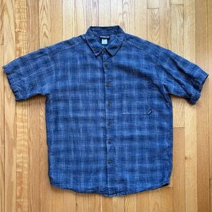 Patagonia Men’s Short Sleeve Button Down Shirt 100% Hemp Large Blue White Plaid